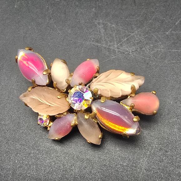 Pink Rhinestone Satin Glass Brooch Givre Vintage Glam Costume Jewelry - Picture 5 of 8
